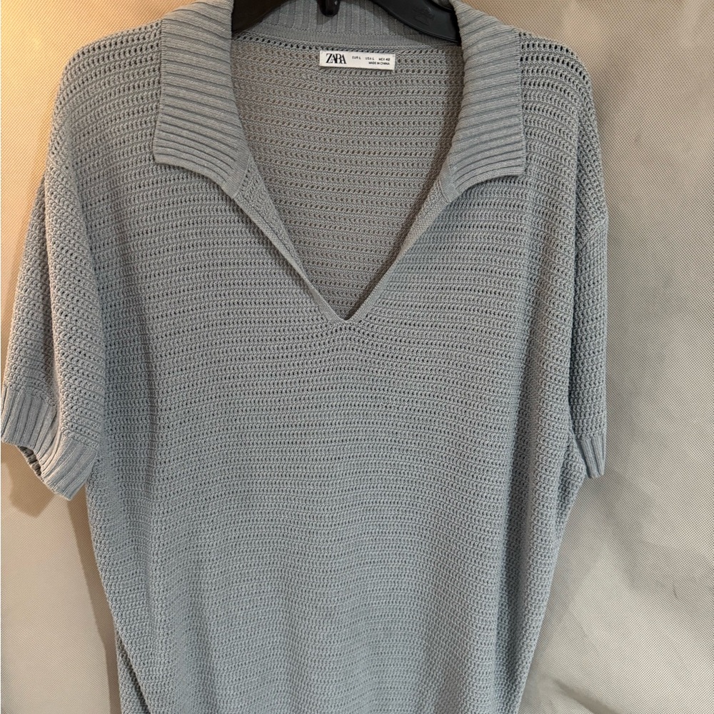 Zara Light Gray Knit Polo T-Shirt